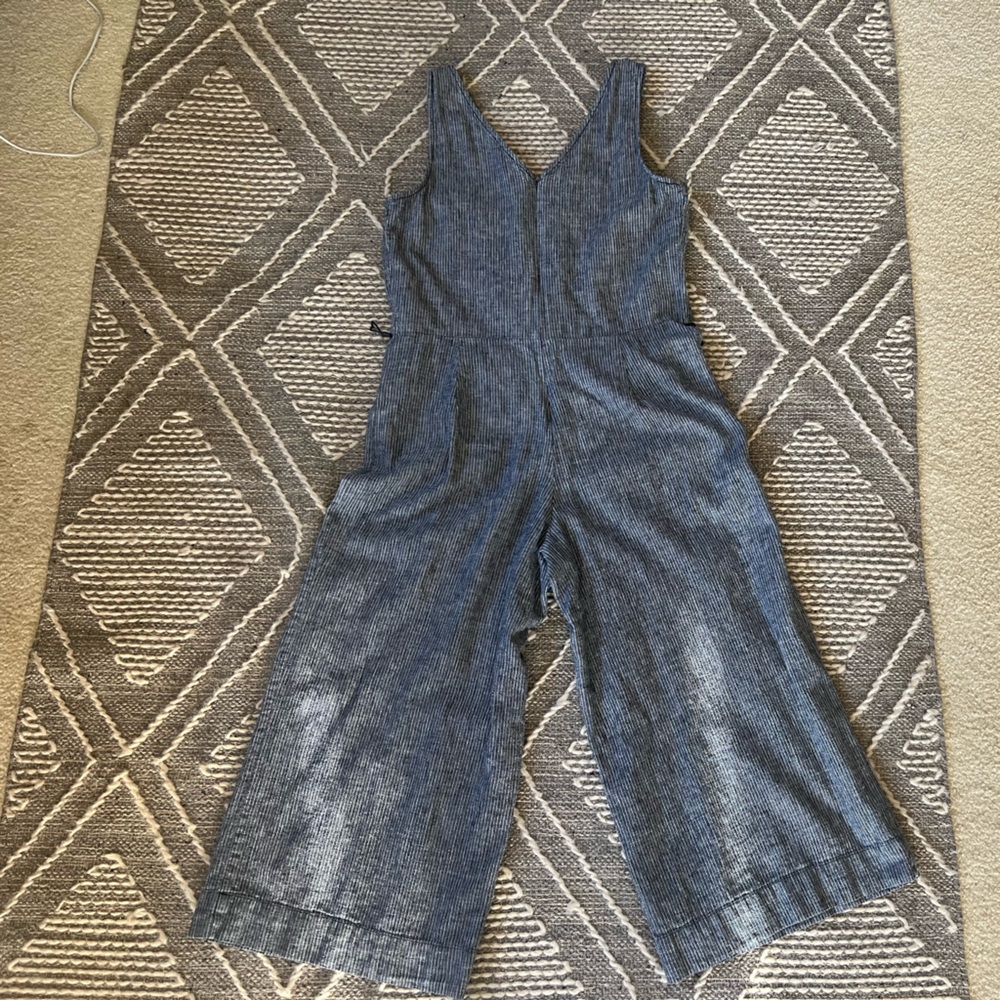 Railroad, stripe, jumpsuit, sleeveless, linen + cotton